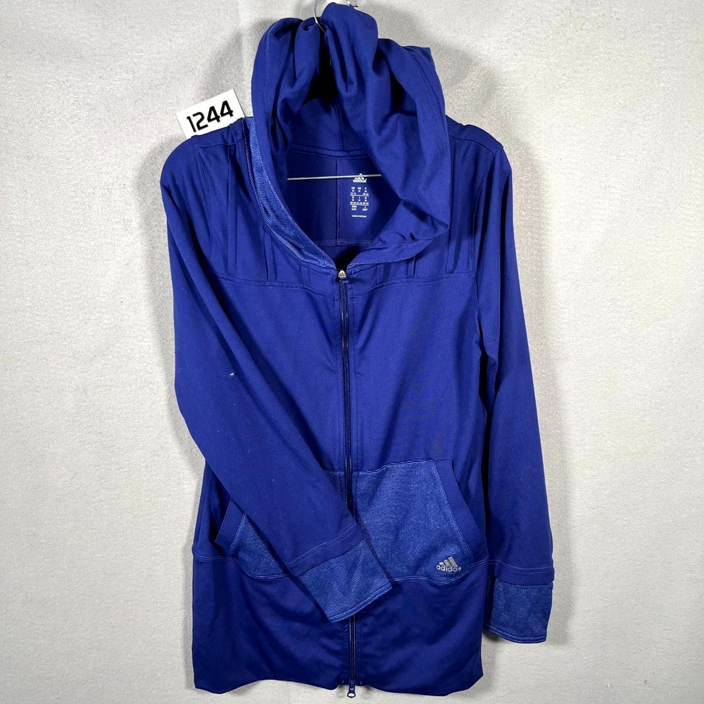 Adidas Training Jacket Womens Medium Blue Full Zip Stretch Hooded Performance